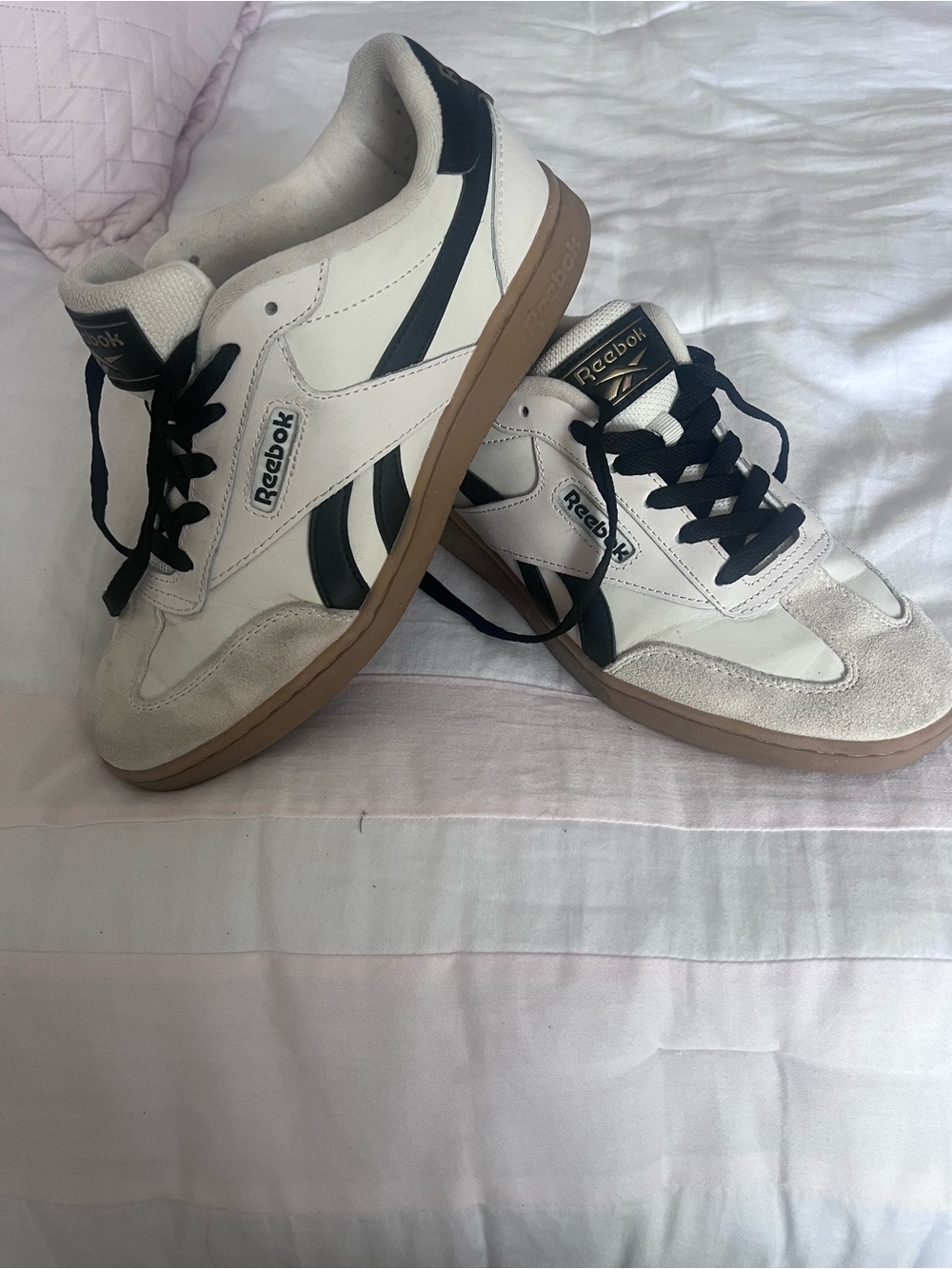 Reebok Women’s beige & Black Athletic Sneakers with Gum Sole
